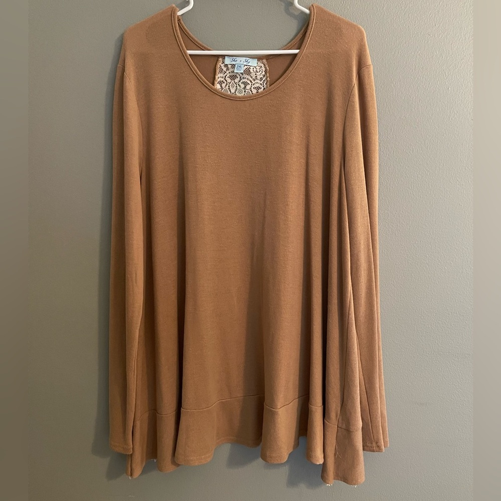 She + Sky Camel Long Sleeve Top with Lace Accent